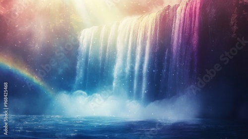 Mystical Waterfall with Rainbow and Starry Sky