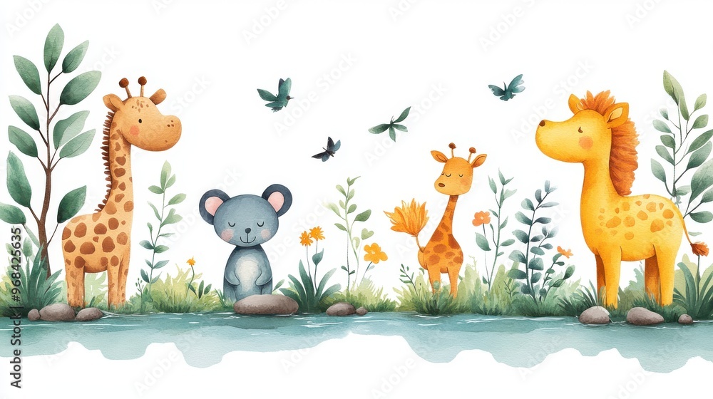 Obraz premium Wildlife background with a river and animals on a white background, serene scene