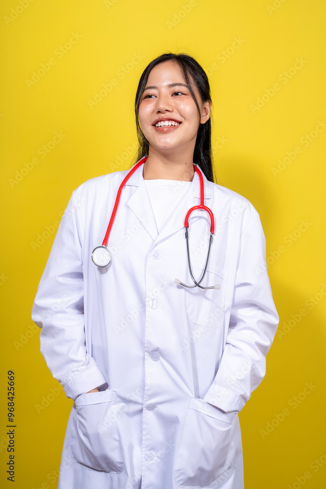 A woman in a white lab coat is smiling and holding a stethoscope A woman in a white lab coat is smiling and holding a stethoscope