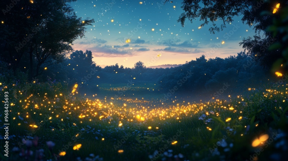 Fireflies Glowing in a Forest Clearing at Dusk Fireflies Glowing in a Forest Clearing at Dusk