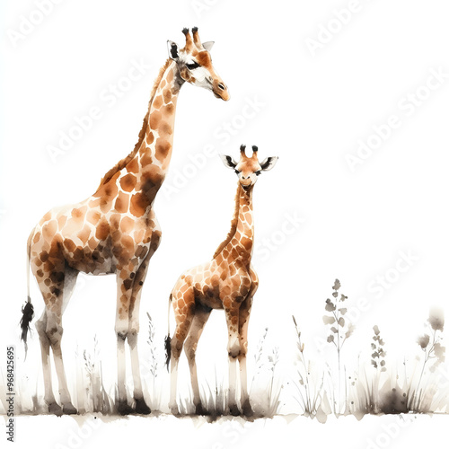 흰 배경, 기린, 수채화 (White background, giraffe, water colour) photo