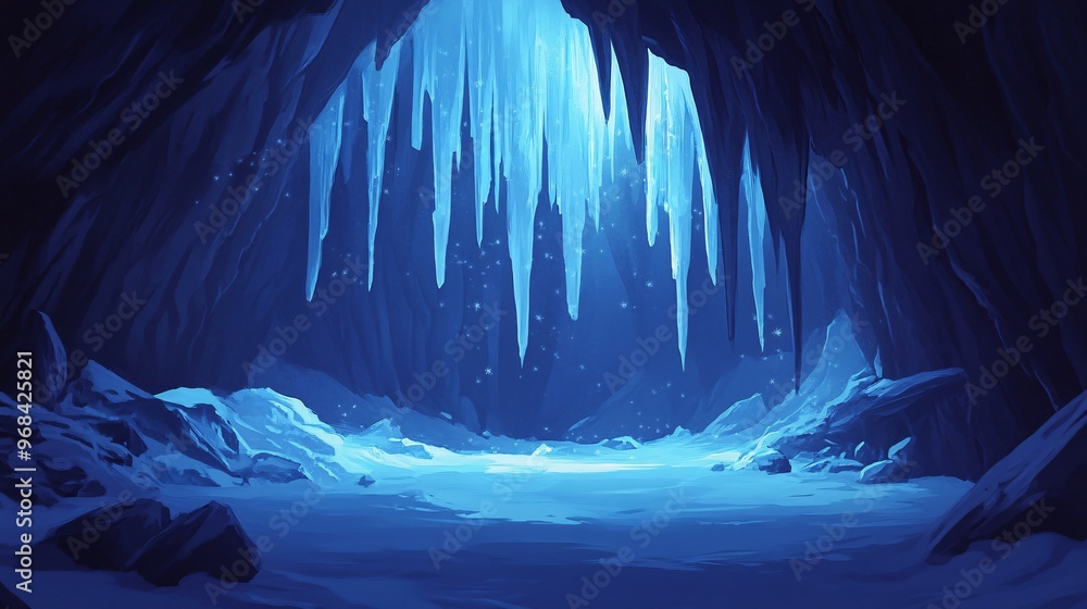 A captivating icy cave with vibrant blue tones and stunning icicles illuminating the dark interior. A captivating icy cave with vibrant blue tones and stunning icicles illuminating the dark interior.