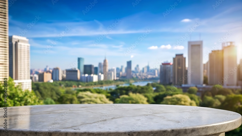 Obraz premium Empty stone or marble tabletop or counter with display product with blured city, town, outdoor background.