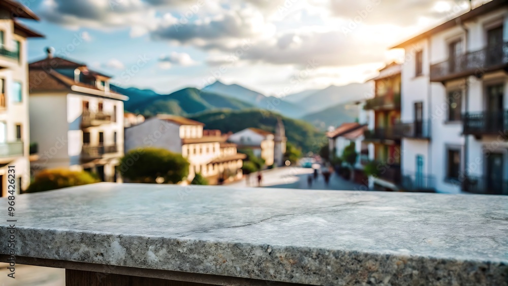 Obraz premium Empty stone or marble tabletop or counter with display product with blured city, town, outdoor background.