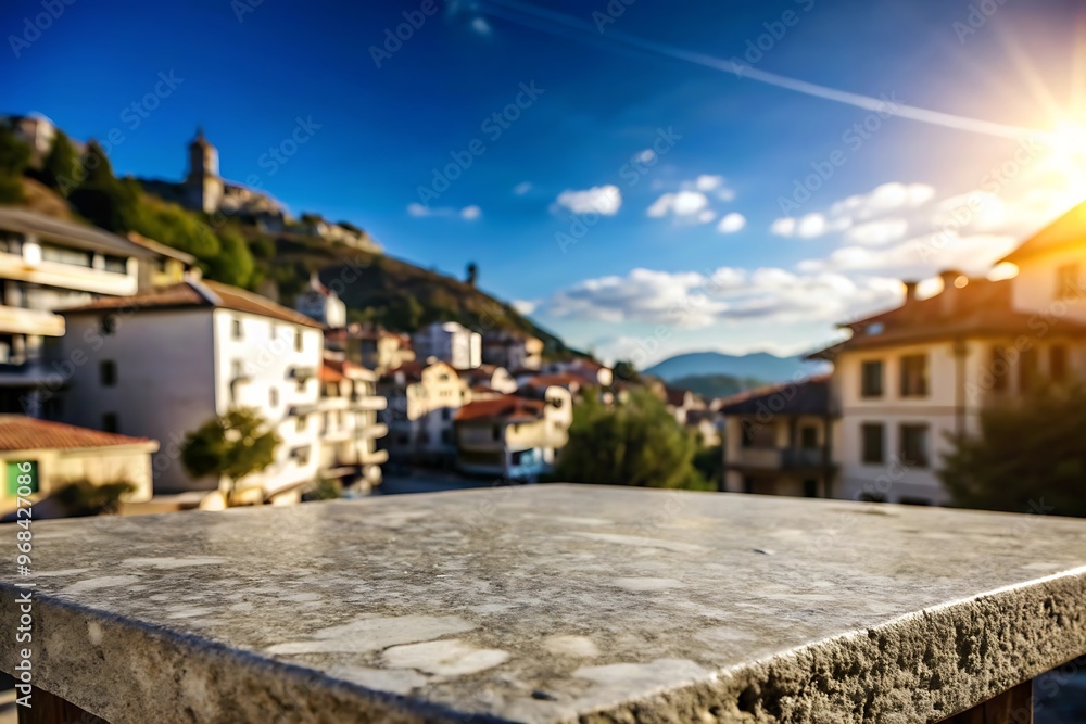 Obraz premium Empty stone or marble tabletop or counter with display product with blured city, town, outdoor background.