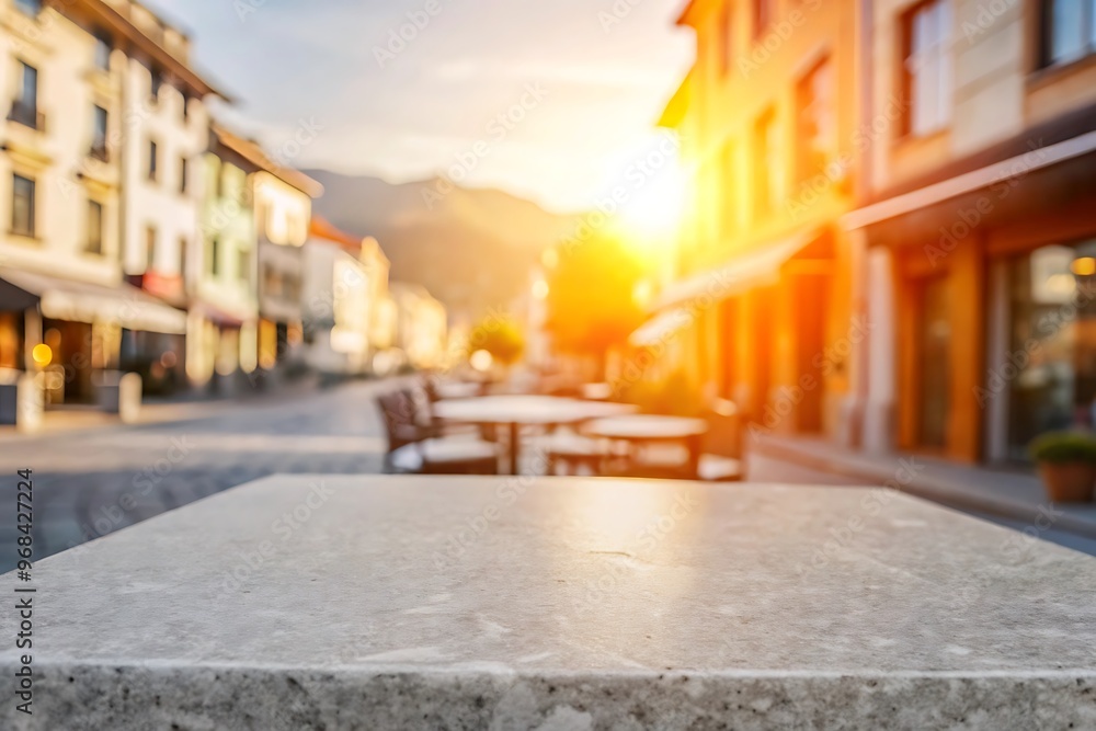 Fototapeta premium Empty stone or marble tabletop or counter with display product with blured city, town, outdoor background.