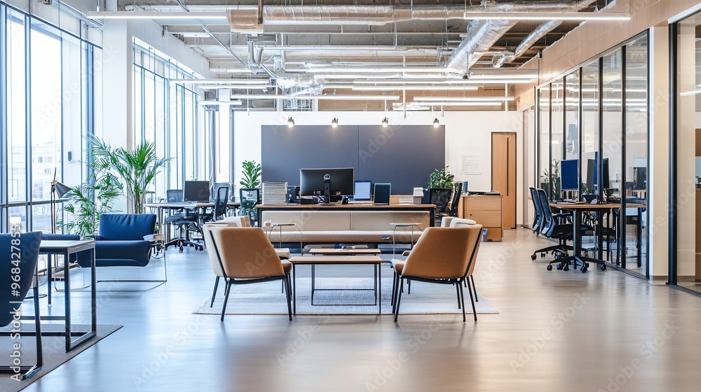 Modern office waiting area with three brown chairs and a white rug on a polished concrete floor. Modern office waiting area with three brown chairs and a white rug on a polished concrete floor.