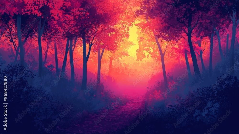 A Forest Path Illuminated by a Sunset Through the Trees A Forest Path Illuminated by a Sunset Through the Trees