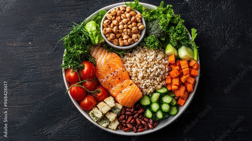 A vibrant salad bowl featuring salmon, grains, fresh vegetables, and nuts, perfect for healthy meal inspiration. A vibrant salad bowl featuring salmon, grains, fresh vegetables, and nuts, perfect for healthy meal inspiration.