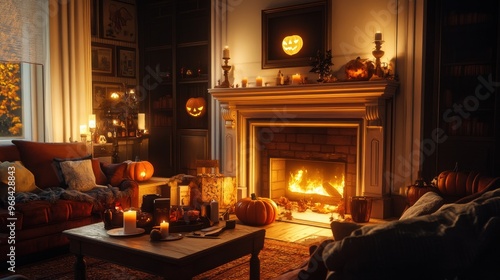 Cozy Halloween Living Room with Fireplace and Pumpkins