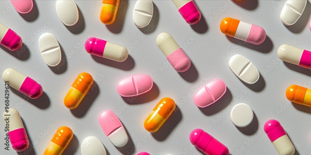 Colorful Array of Pills on a Light Gray Surface, Medical and Pharmaceutical Closeup Colorful Array of Pills on a Light Gray Surface, Medical and Pharmaceutical Closeup