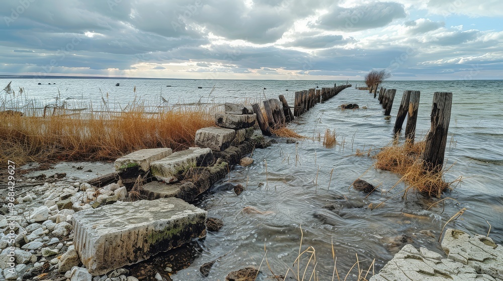 Desolate, abandoned fishing port on Lake Ulosem with scattered wooden posts and rocks under shallow water, cloudy sky on a sunny day. Desolate, abandoned fishing port on Lake Ulosem with scattered wooden posts and rocks under shallow water, cloudy sky on a sunny day.