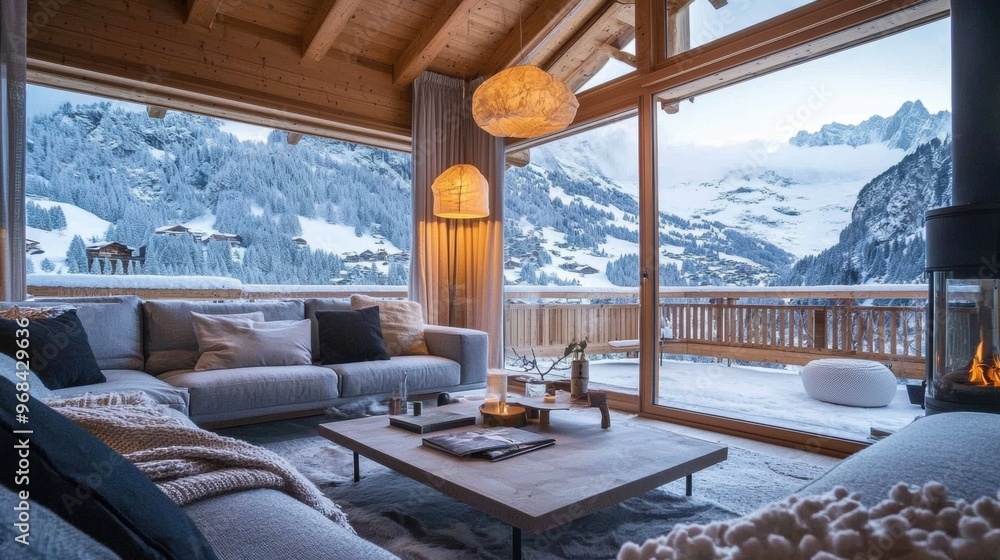 Fototapeta premium Cozy Wooden Chalet with Scenic Mountain View in Winter Landscape