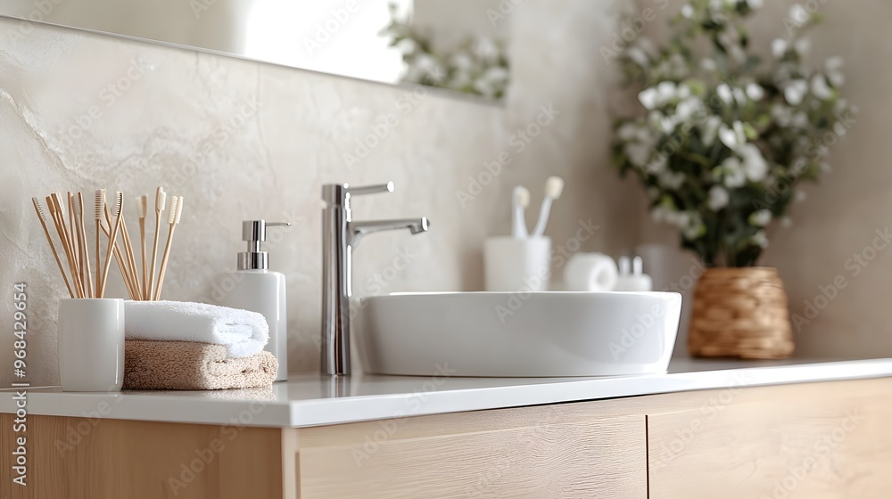 Elegant and Serene Bathroom Vanity with Floral Accents Elegant and Serene Bathroom Vanity with Floral Accents