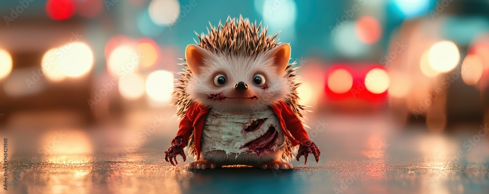 A cute hedgehog stands in the street with city lights in the background, showcasing an adorable, whimsical character. A cute hedgehog stands in the street with city lights in the background, showcasing an adorable, whimsical character.