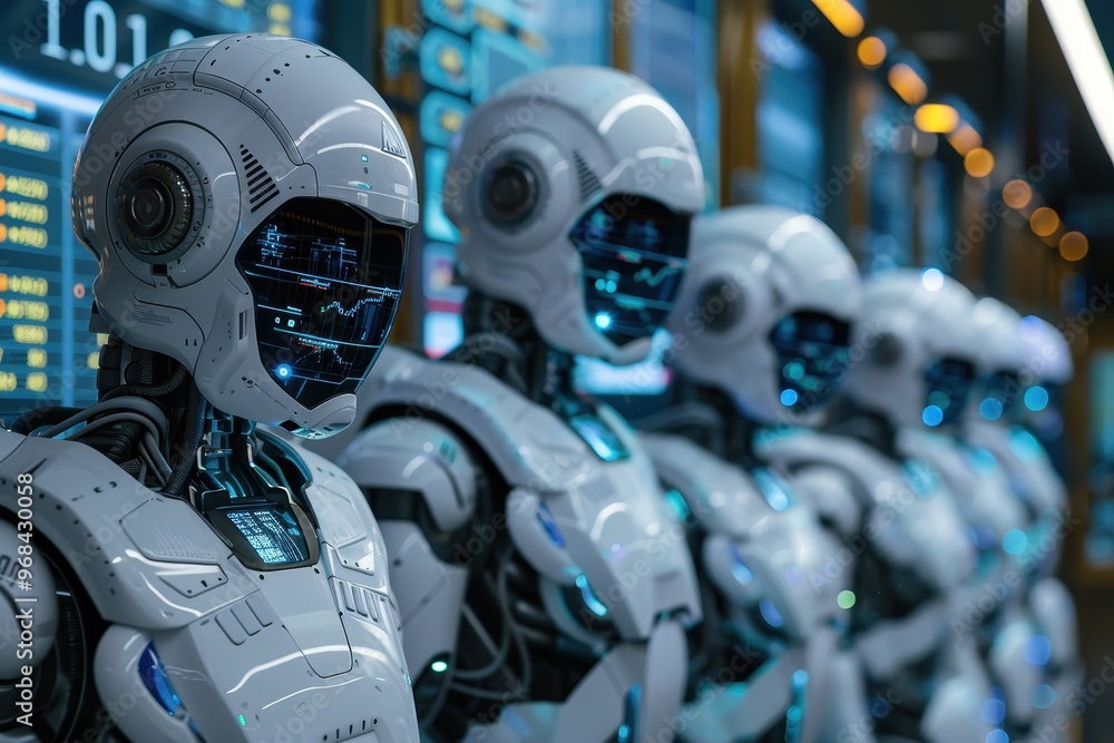 A group of robots are standing in a line, all wearing the same white color A group of robots are standing in a line, all wearing the same white color