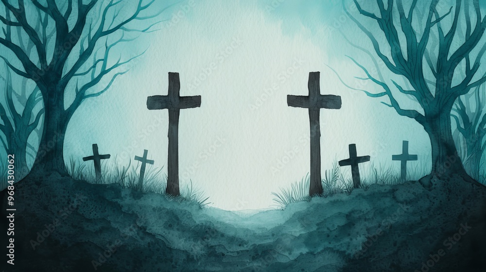 Eerie graveyard scene with wooden crosses and dark, leafless trees under a gloomy sky, evoking a sense of mystery and solemnity. Eerie graveyard scene with wooden crosses and dark, leafless trees under a gloomy sky, evoking a sense of mystery and solemnity.
