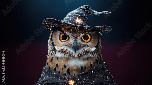 A whimsical owl wearing a wizard hat, showcasing magical charm and captivating eyes, perfect for fantasy-themed projects. photo