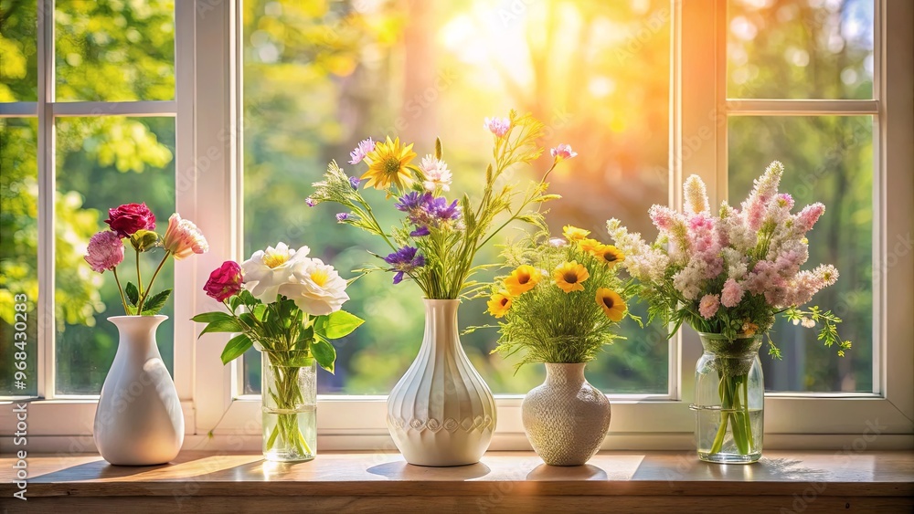 Beautiful vases with flowers on a sunlit window sill Beautiful vases with flowers on a sunlit window sill