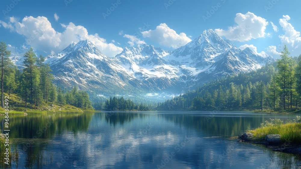 Serene mountain landscape with a tranquil lake and lush greenery. Serene mountain landscape with a tranquil lake and lush greenery.