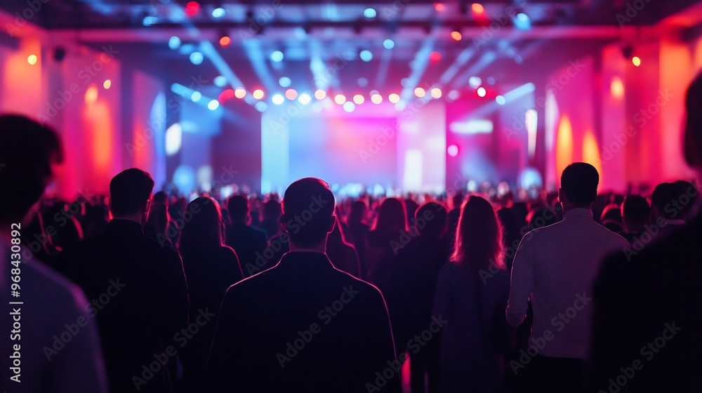 Naklejka premium Silhouettes of a crowd facing a stage lit with purple and red lights.