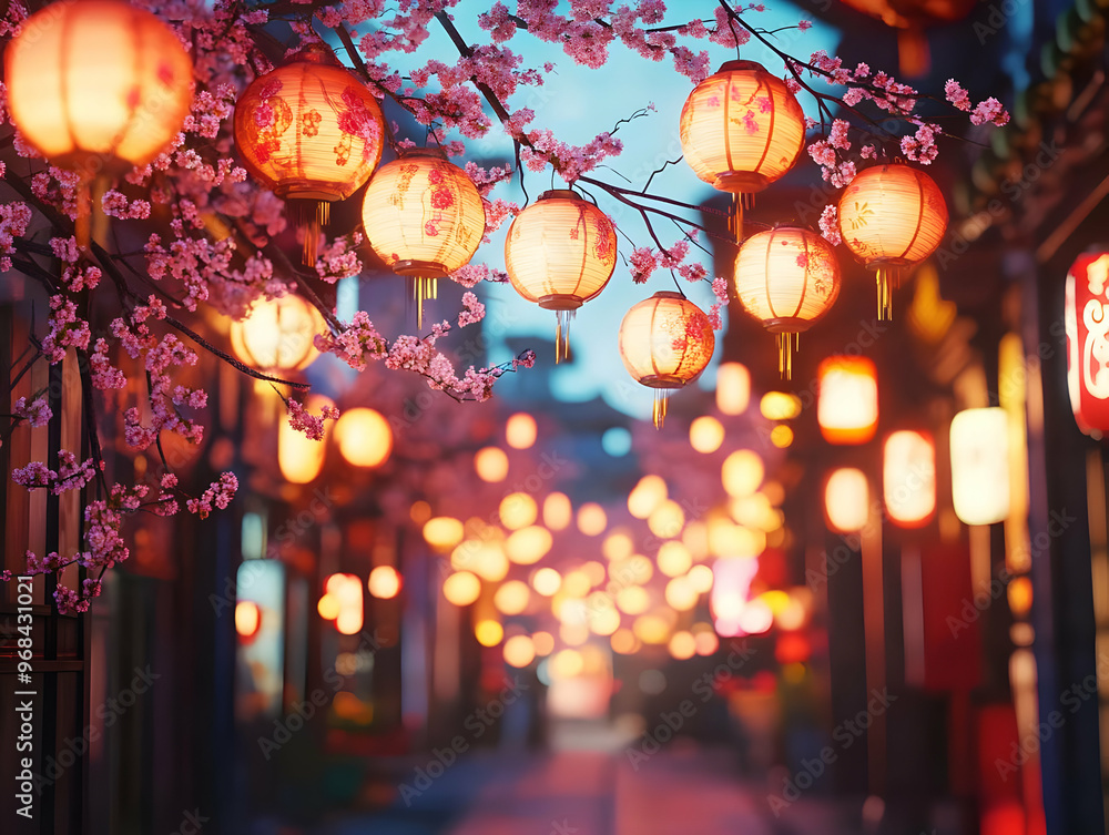 Enchanting Cherry Blossom Lane Illustration - A 3D Render of a Night Market Adorned with Glowing Lanterns Enchanting Cherry Blossom Lane Illustration - A 3D Render of a Night Market Adorned with Glowing Lanterns