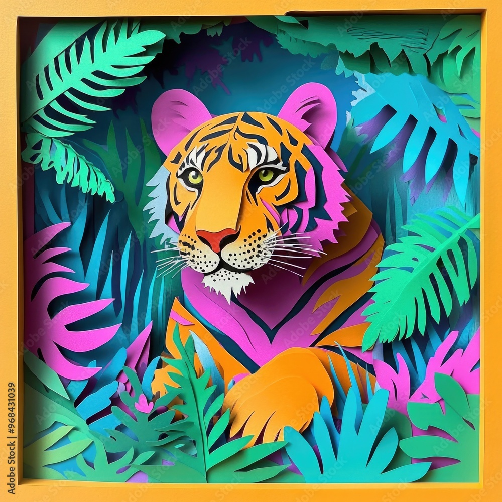 Fototapeta Colorful layered paper illustration of a tiger in the jungle, vibrant foliage, and exotic plants