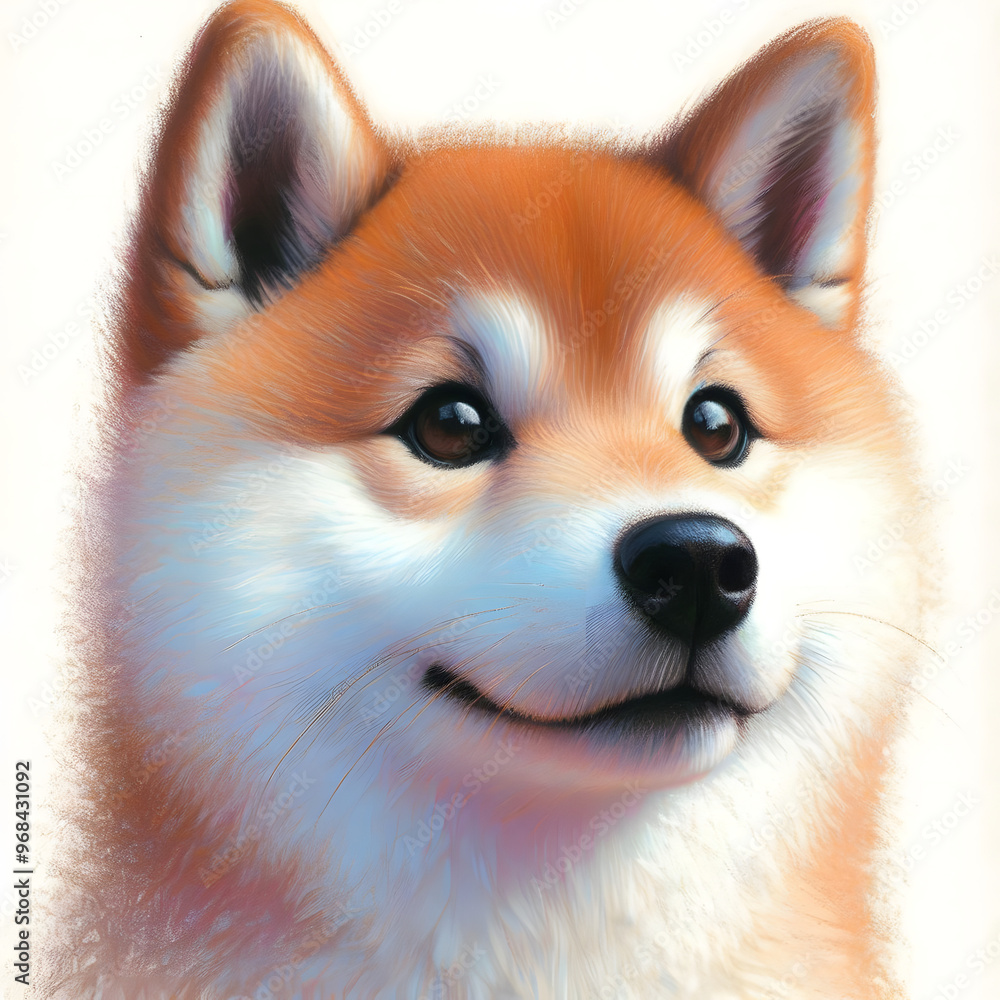 Obraz premium 흰 배경, 시바이누, 파스텔화 (White background, Shiba Inu, pastel painting)