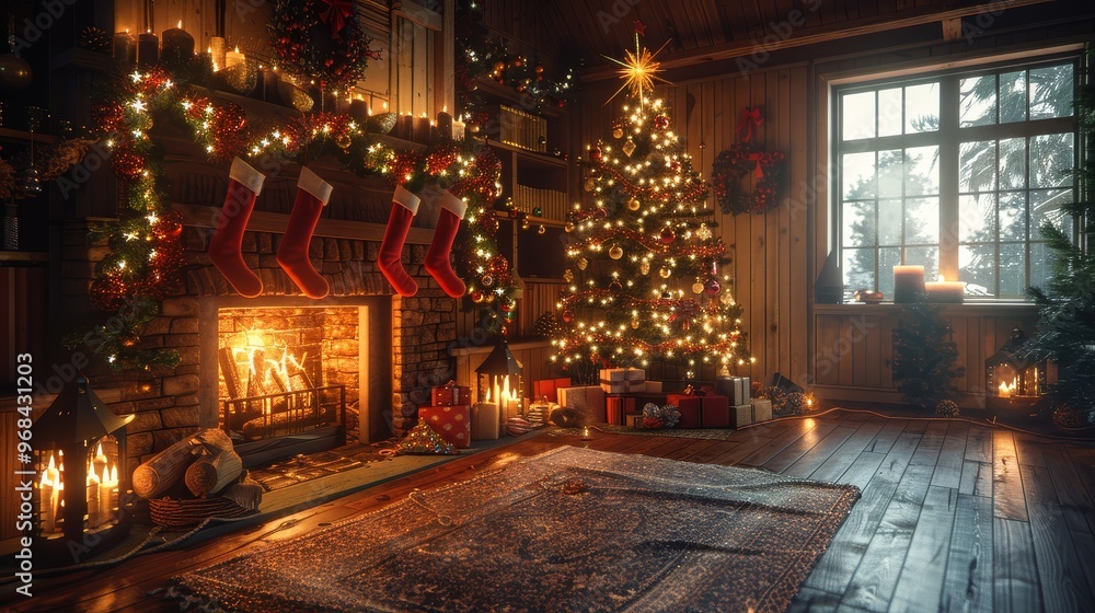 Festive Christmas scene with fireplace, hanging stockings, and lanterns, cozy decorations on trees and walls creating a warm, joyful atmosphere. Festive Christmas scene with fireplace, hanging stockings, and lanterns, cozy decorations on trees and walls creating a warm, joyful atmosphere.