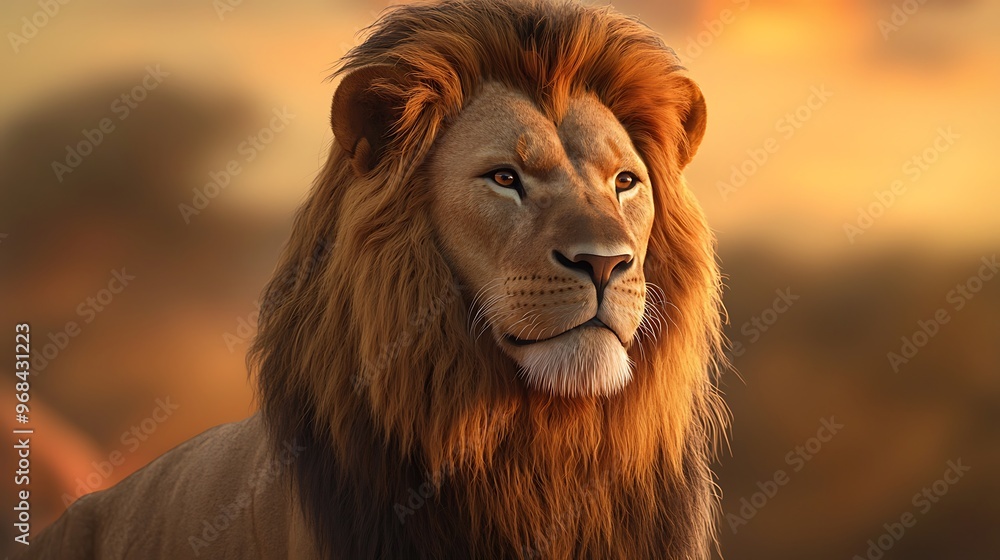Fototapeta premium A 3D lion with a soft pastel background on the right, symbolizing the majesty of the animal kingdom in a zoo