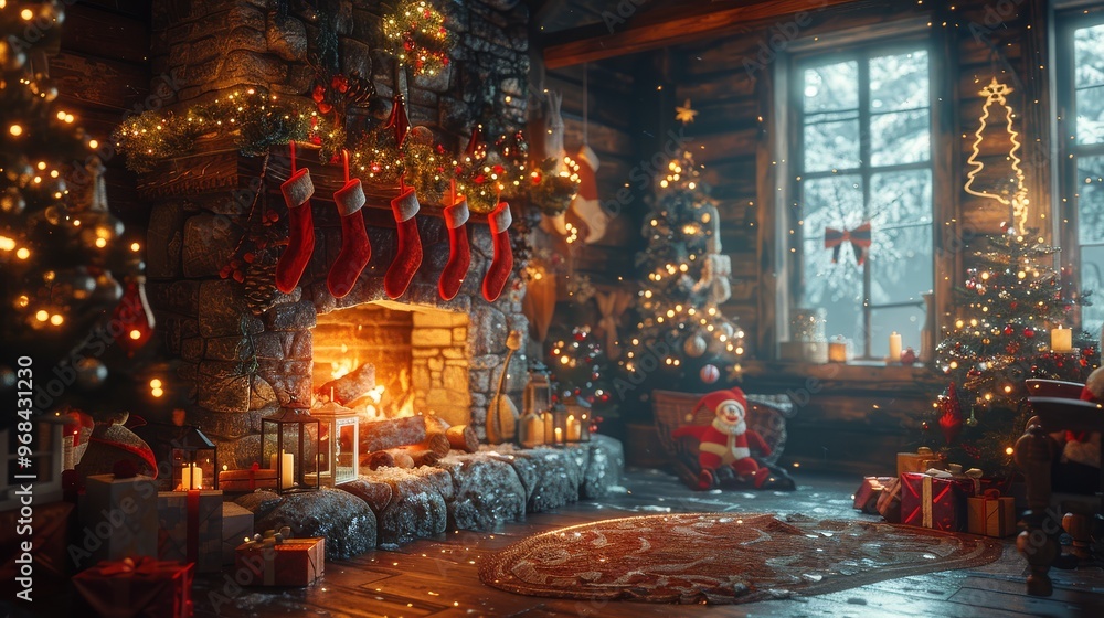 Festive Christmas scene with fireplace, hanging stockings, and lanterns, cozy decorations on trees and walls creating a warm, joyful atmosphere. Festive Christmas scene with fireplace, hanging stockings, and lanterns, cozy decorations on trees and walls creating a warm, joyful atmosphere.
