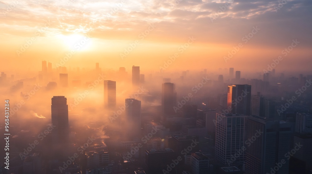 Sunrise over a foggy city skyline with tall buildings. Sunrise over a foggy city skyline with tall buildings.