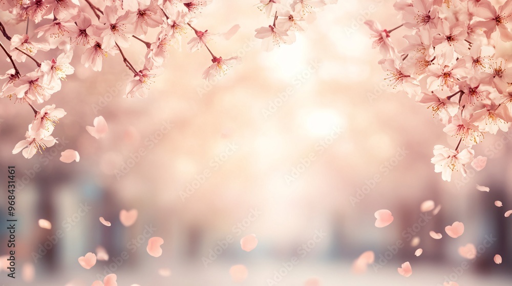 Fototapeta premium Delicate pink cherry blossom petals softly fall against a dreamy, blurred backdrop.