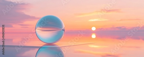 Glass sphere on reflective surface at sunset