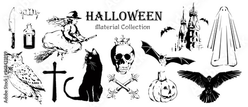 ハロウィン, ハロウィン素材, ハロウィンベクター, モノクロ, 白黒, 手描き, ベクター, 素材集, イラスト
