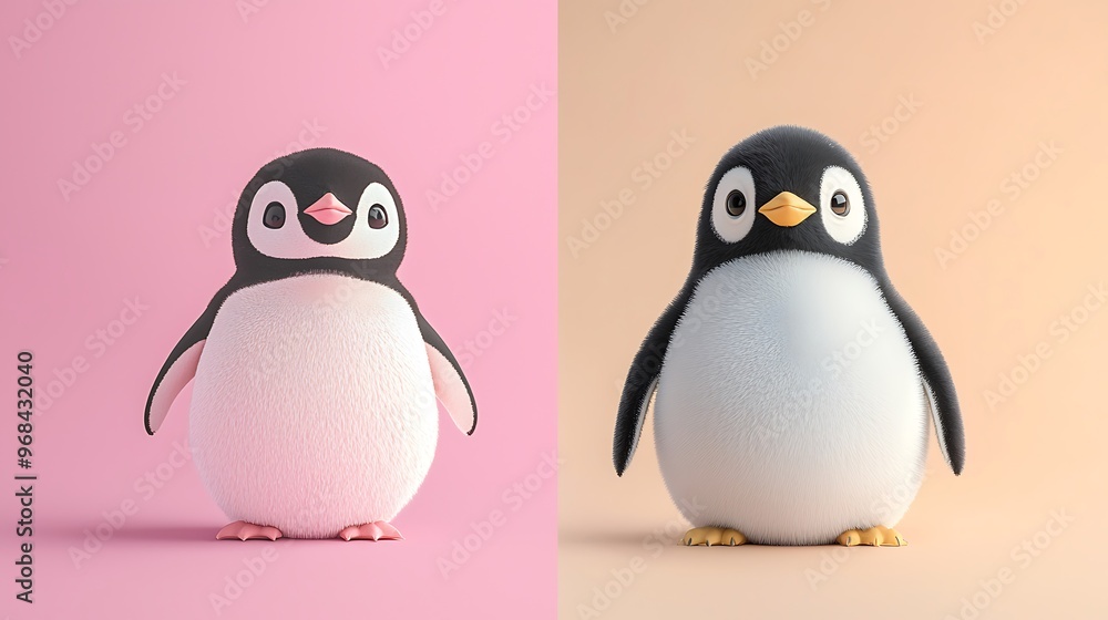 Fototapeta premium A 3D penguin waddling with a soft pastel background on the right, symbolizing the charming residents of zoo exhibits