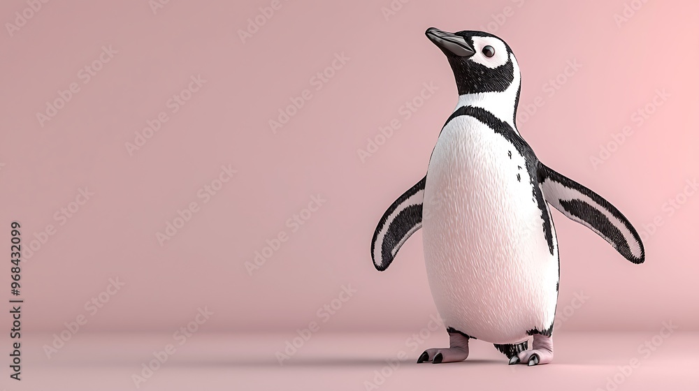 Fototapeta premium A 3D penguin waddling with a soft pastel background on the right, symbolizing the charming residents of zoo exhibits