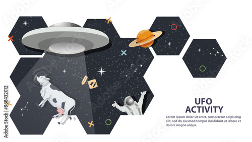 UFO kidnaps an animal cow against the background of space in the form of honeycombs flat childrens doodles