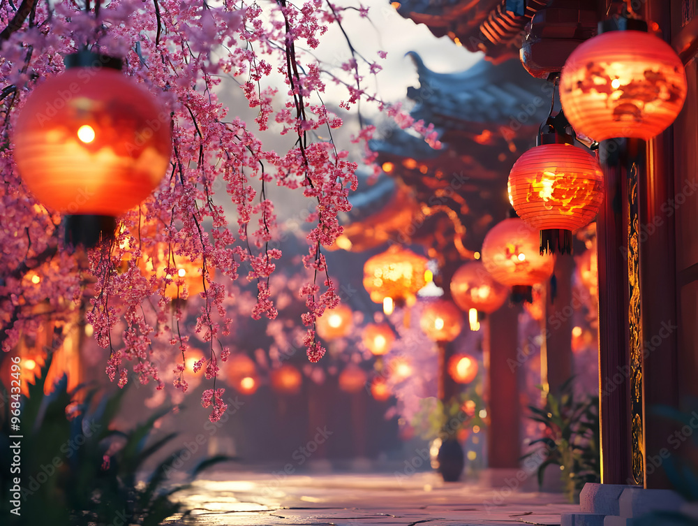 3D Illustration of a Cherry Blossom Temple Illuminated by Lanterns at Sunset 3D Illustration of a Cherry Blossom Temple Illuminated by Lanterns at Sunset