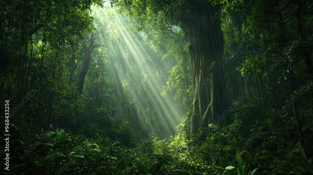 Sunlight Beams Through Lush Greenery in Dense Rainforest Sunlight Beams Through Lush Greenery in Dense Rainforest