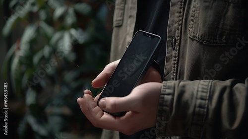 Close-up of a mana??s hand holding a smartphone, with a focus on the device's screen and the texture of the hand photo