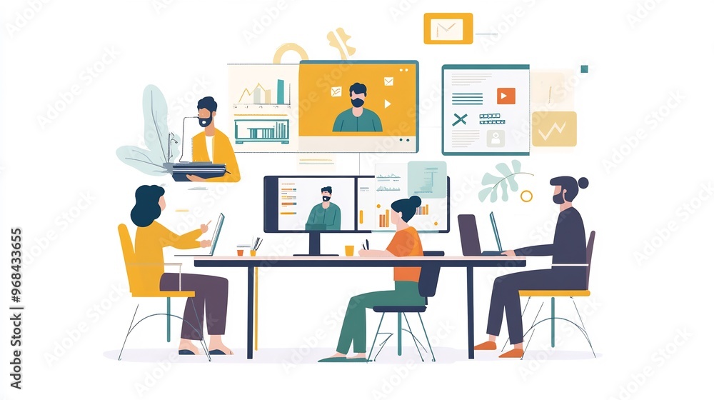 Three colleagues are working at their desk and participating in a video call. A man in a green shirt is leading the meeting. Three colleagues are working at their desk and participating in a video call. A man in a green shirt is leading the meeting.