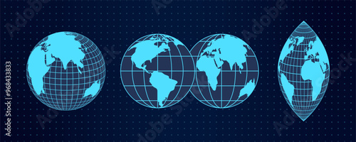 Geometric 3D wireframe spheres with grid lines and digital mesh. Global abstract planet shapes with blue latitude and longitude patterns. Futuristic y2k cyberpunk style.