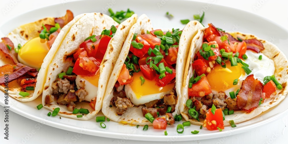 Breakfast Trio of Tacos Featuring Sausage, Egg, Bacon, Tomato, and Chives Wrapped in Flour Tortillas, Displayed on a Light Background Breakfast Trio of Tacos Featuring Sausage, Egg, Bacon, Tomato, and Chives Wrapped in Flour Tortillas, Displayed on a Light Background