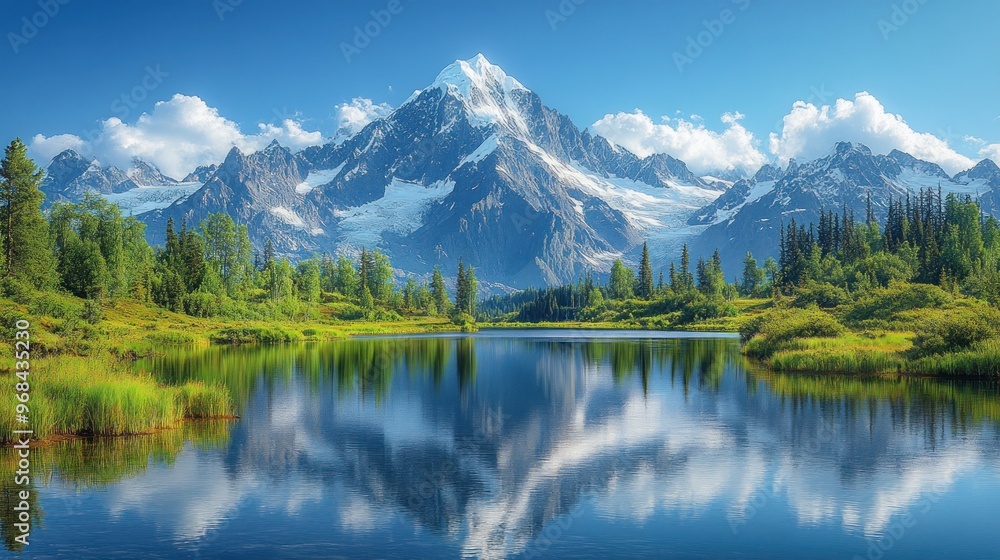Serene mountain landscape with reflection in a tranquil lake. Serene mountain landscape with reflection in a tranquil lake.