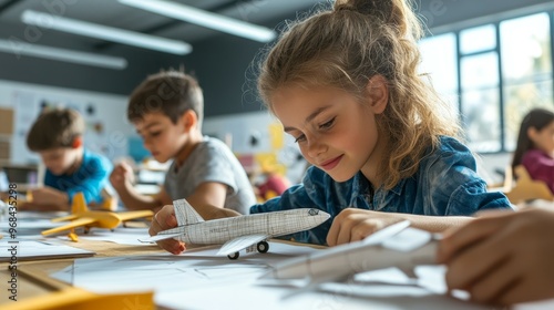 Children engaged in a creative activity, building model airplanes in a classroom setting.