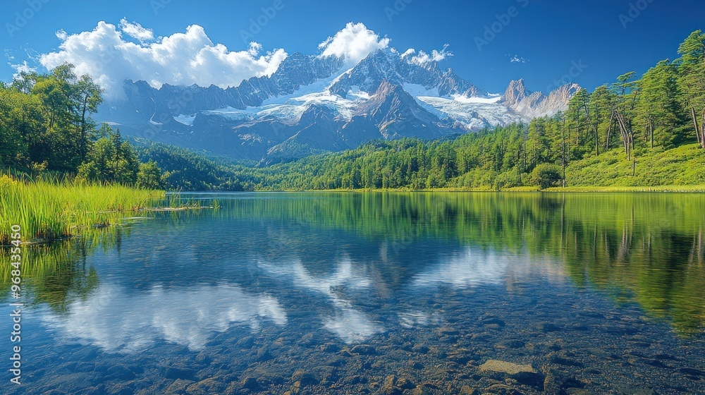 Serene mountain landscape reflecting in a tranquil lake. Serene mountain landscape reflecting in a tranquil lake.