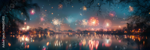 Colorful Fireworks Illustration Reflecting Over the Lake