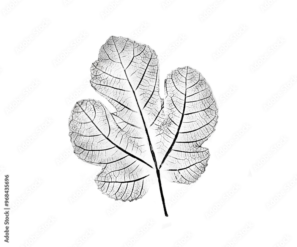 Obraz premium Black and white fig leaf print stamp of botanical illustration. Plain leaf sketched art on plain white background
