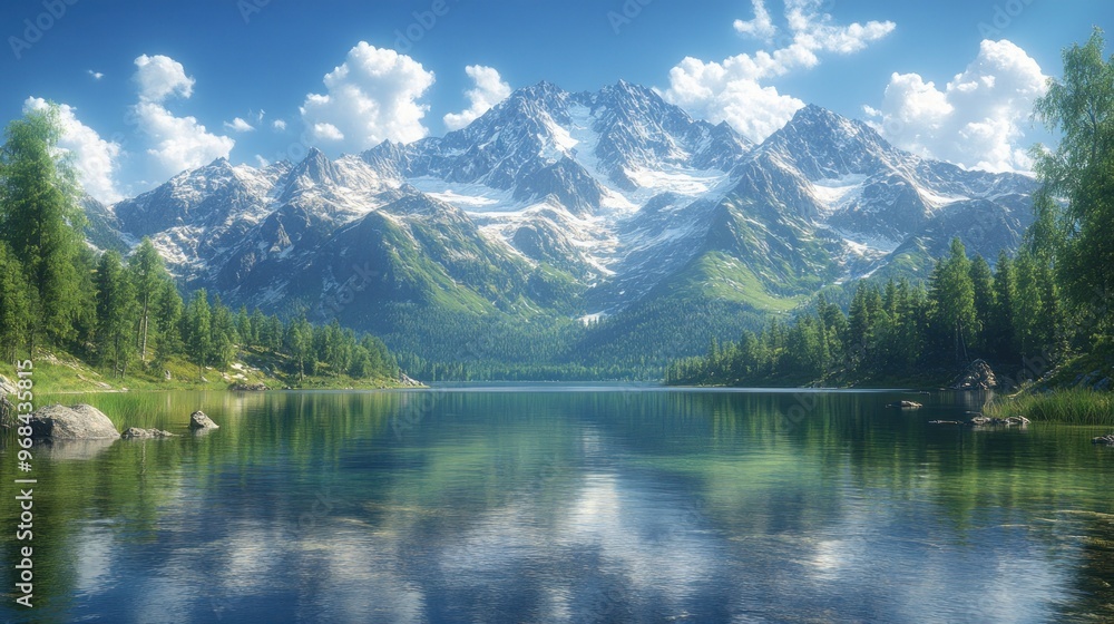 Serene mountain landscape with a reflective lake and lush greenery. Serene mountain landscape with a reflective lake and lush greenery.